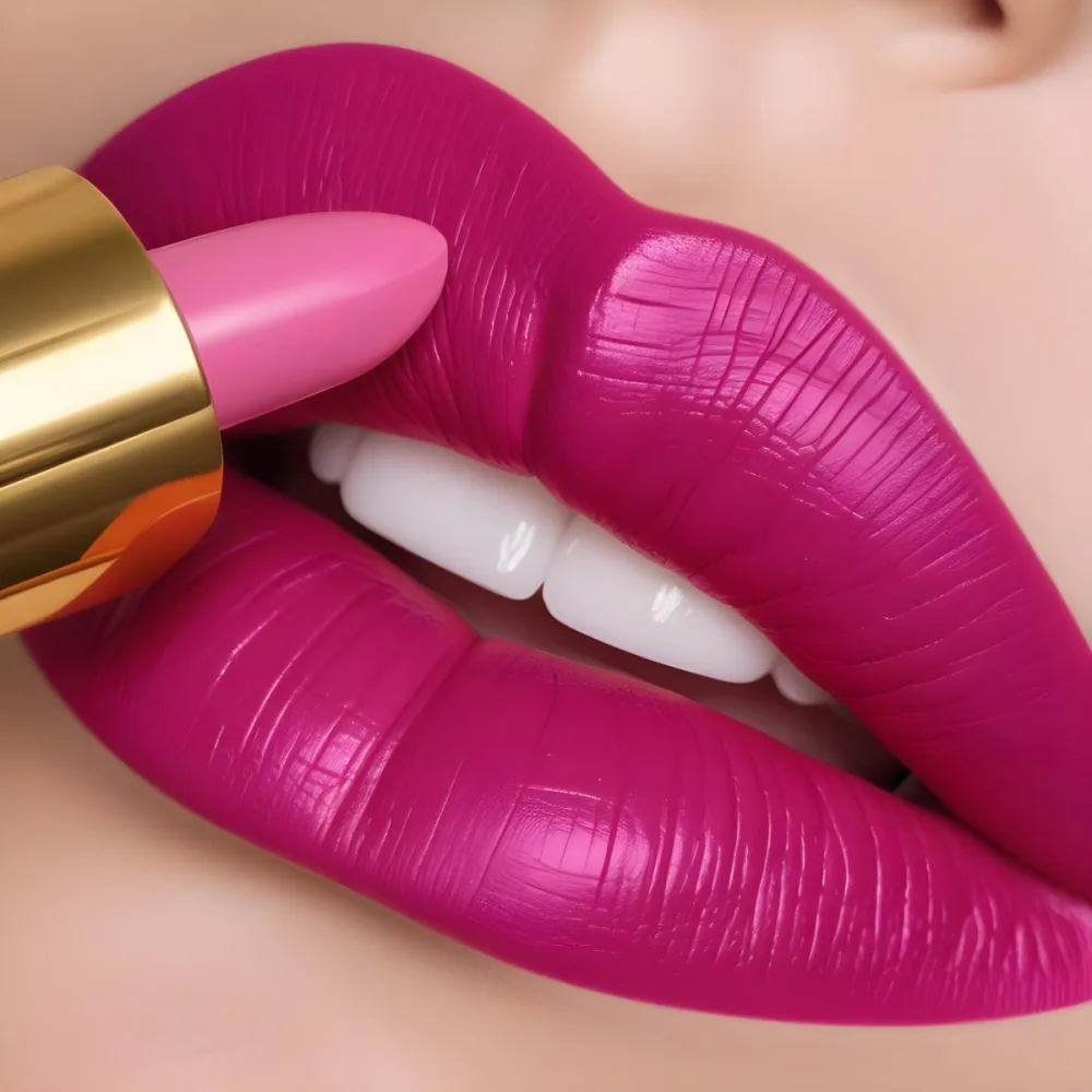 Close Up Of A Woman S Lips With A Bold Fuchsia Lipstick The Lips Are Well Defined And Glossy Showcasing A Smooth Texture A Hand Holding A Gold Lipstick Tube Is Visible With The Brand Logo Facing Up The Background Is 32 3397