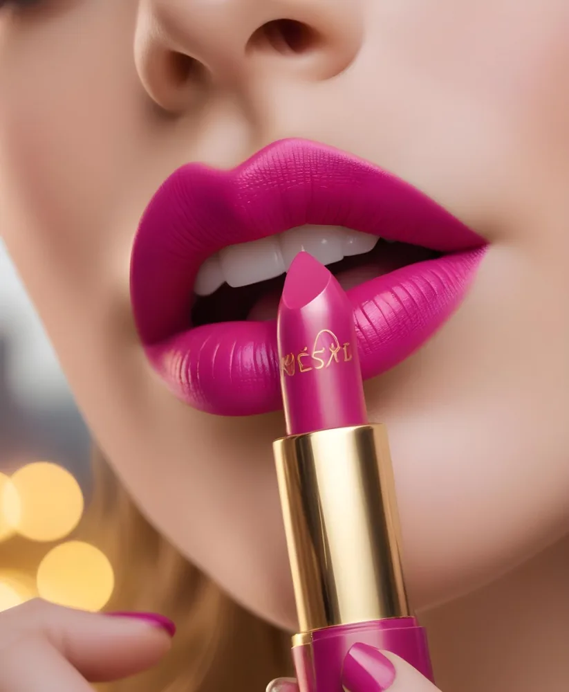 Close Up Of A Woman S Lips With A Bold Fuchsia Lipstick The Lips Are Well Defined And Glossy Showcasing A Smooth Texture A Hand Holding A Gold Lipstick Tube Is Visible With The Brand Logo Facing Up The Background Is 37 63b3