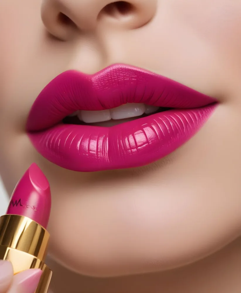 Close Up Of A Woman S Lips With A Bold Fuchsia Lipstick The Lips Are Well Defined And Glossy Showcasing A Smooth Texture A Hand Holding A Gold Lipstick Tube Is Visible With The Brand Logo Facing Up The Background Is 41 7184
