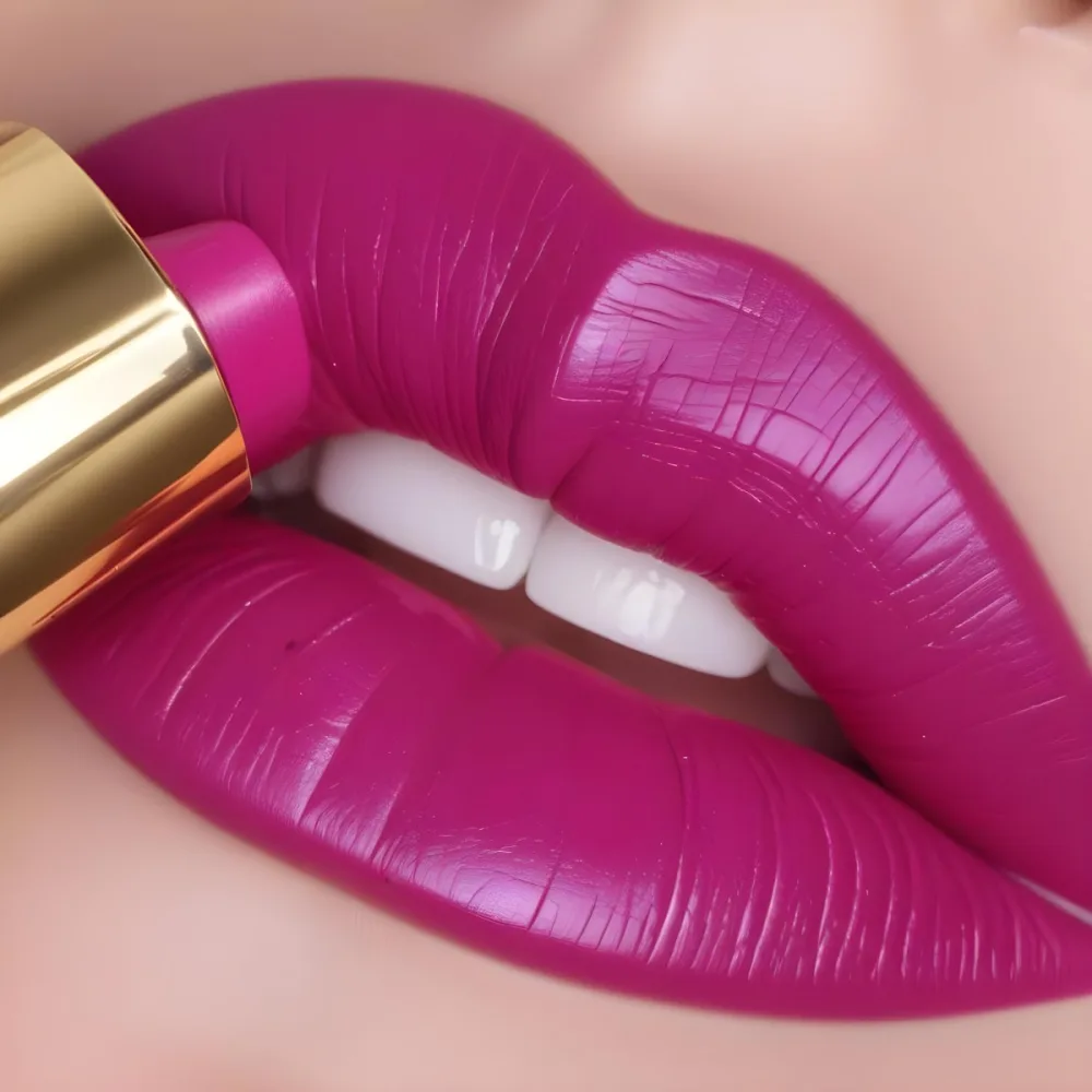 Close Up Of A Woman S Lips With A Bold Fuchsia Lipstick The Lips Are Well Defined And Glossy Showcasing A Smooth Texture A Hand Holding A Gold Lipstick Tube Is Visible With The Brand Logo Facing Up The Background Is 6 B87f