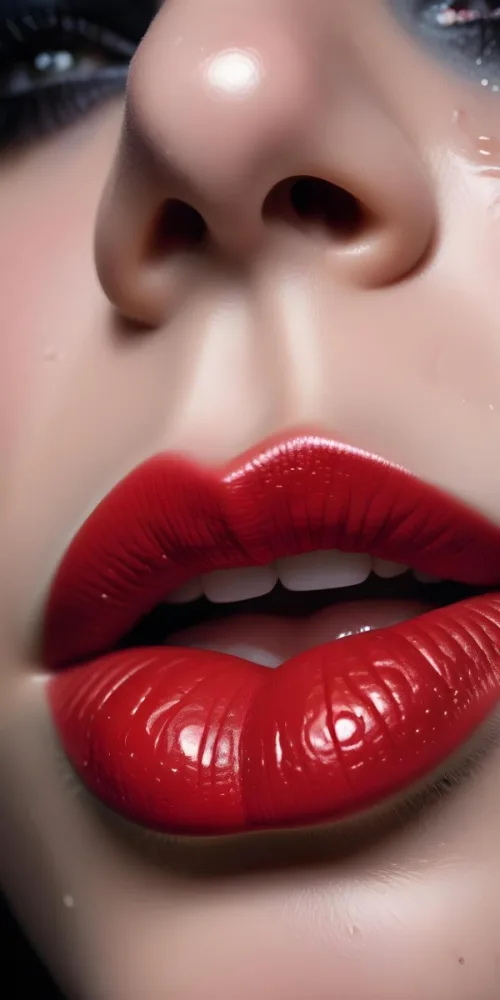 Close Up Of A Woman S Lips With Bold Red Lipstick Against A Dark Background With Water Droplets 10 646f