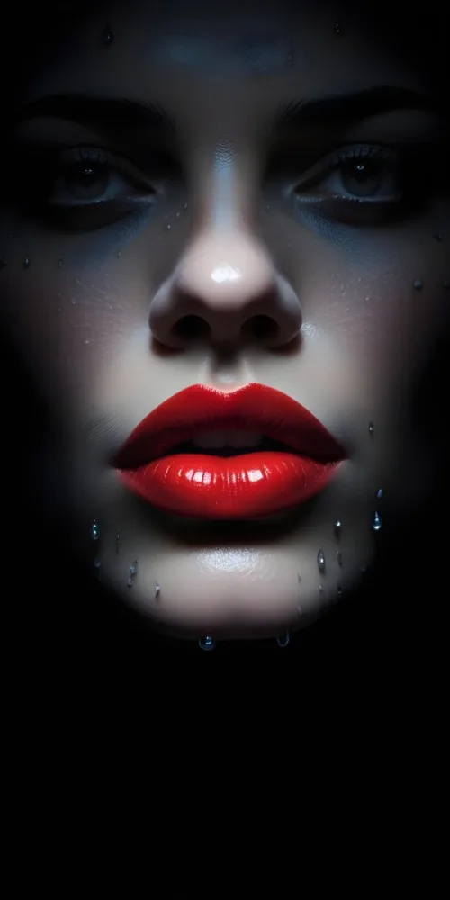Close Up Of A Woman S Lips With Bold Red Lipstick Against A Dark Background With Water Droplets 4 32e2