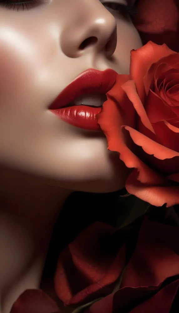 Close Up Of A Woman S Red Lips And A Red Rose With Dramatic Lighting And Shadow Effect 17 1cf8