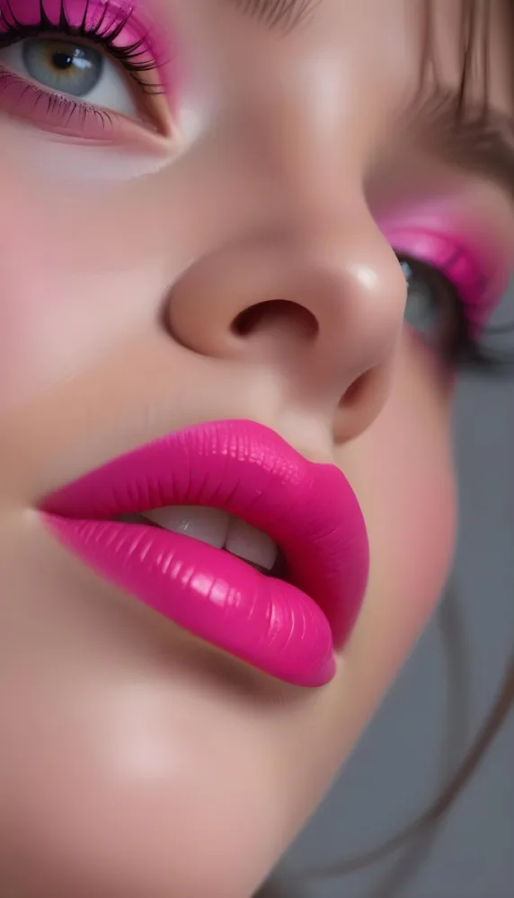 Close Up Of A Young Woman With Fair Skin And Glossy Pink Lips Her Eyes Are Accentuated With Bright Pink Eyeshadow And Her Eyelashes Are Long And Defined The Background Is Softly Blurred Focusing Attention On Her F 14 A91b