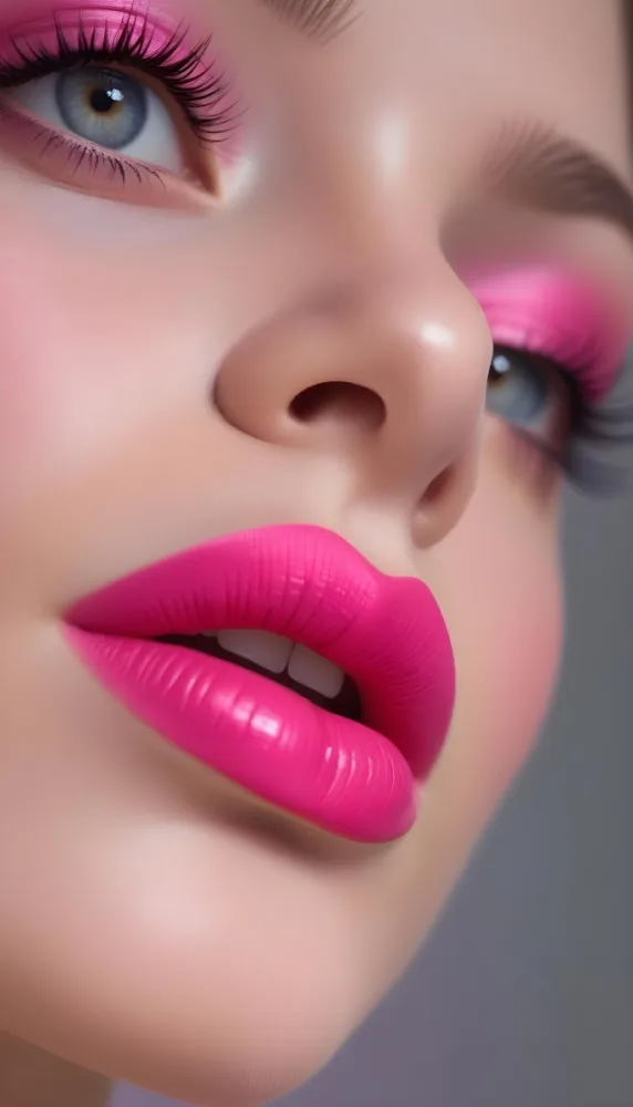 Close Up Of A Young Woman With Fair Skin And Glossy Pink Lips Her Eyes Are Accentuated With Bright Pink Eyeshadow And Her Eyelashes Are Long And Defined The Background Is Softly Blurred Focusing Attention On Her F 18 A98e
