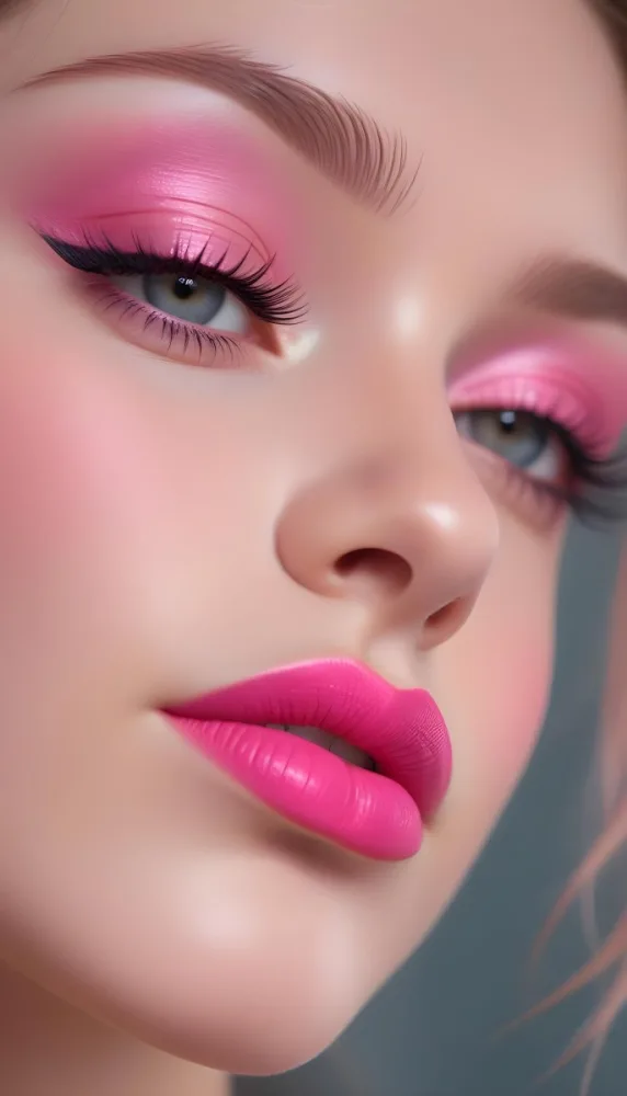 Close Up Of A Young Woman With Fair Skin And Glossy Pink Lips Her Eyes Are Accentuated With Bright Pink Eyeshadow And Her Eyelashes Are Long And Defined The Background Is Softly Blurred Focusing Attention On Her F 22 18f8
