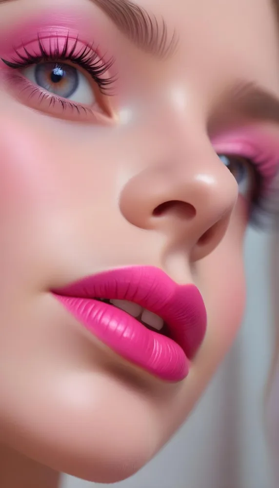 Close Up Of A Young Woman With Fair Skin And Glossy Pink Lips Her Eyes Are Accentuated With Bright Pink Eyeshadow And Her Eyelashes Are Long And Defined The Background Is Softly Blurred Focusing Attention On Her F 28 Bc63