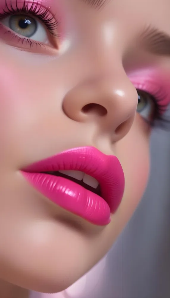Close Up Of A Young Woman With Fair Skin And Glossy Pink Lips Her Eyes Are Accentuated With Bright Pink Eyeshadow And Her Eyelashes Are Long And Defined The Background Is Softly Blurred Focusing Attention On Her F 3 C6bf