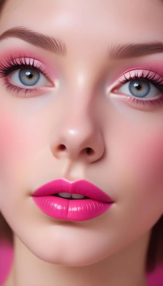 Close Up Of A Young Woman With Fair Skin And Glossy Pink Lips Her Eyes Are Accentuated With Bright Pink Eyeshadow And Her Eyelashes Are Long And Defined The Background Is Softly Blurred Focusing Attention On Her F 32 7201