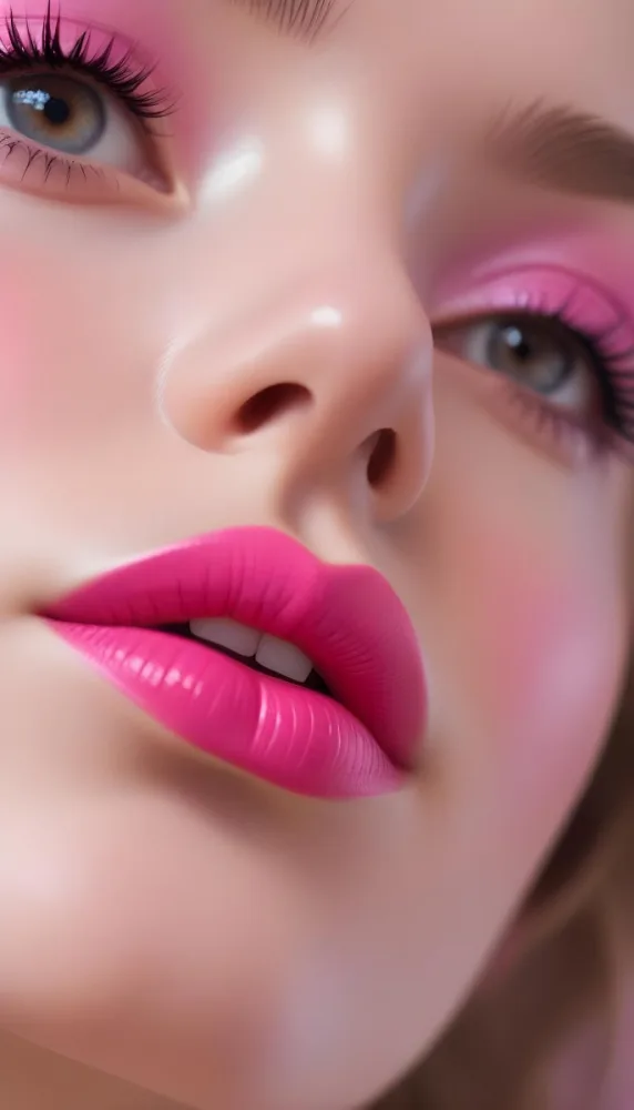Close Up Of A Young Woman With Fair Skin And Glossy Pink Lips Her Eyes Are Accentuated With Bright Pink Eyeshadow And Her Eyelashes Are Long And Defined The Background Is Softly Blurred Focusing Attention On Her F 4 2fc0