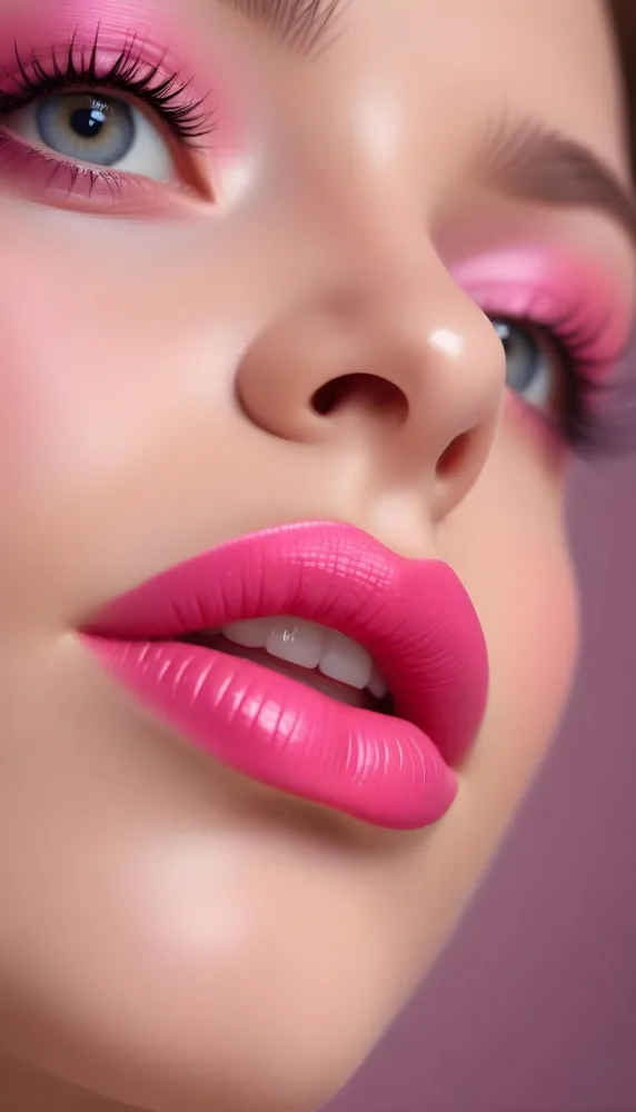 Close Up Of A Young Woman With Fair Skin And Glossy Pink Lips Her Eyes Are Accentuated With Bright Pink Eyeshadow And Her Eyelashes Are Long And Defined The Background Is Softly Blurred Focusing Attention On Her F 42 8ce3