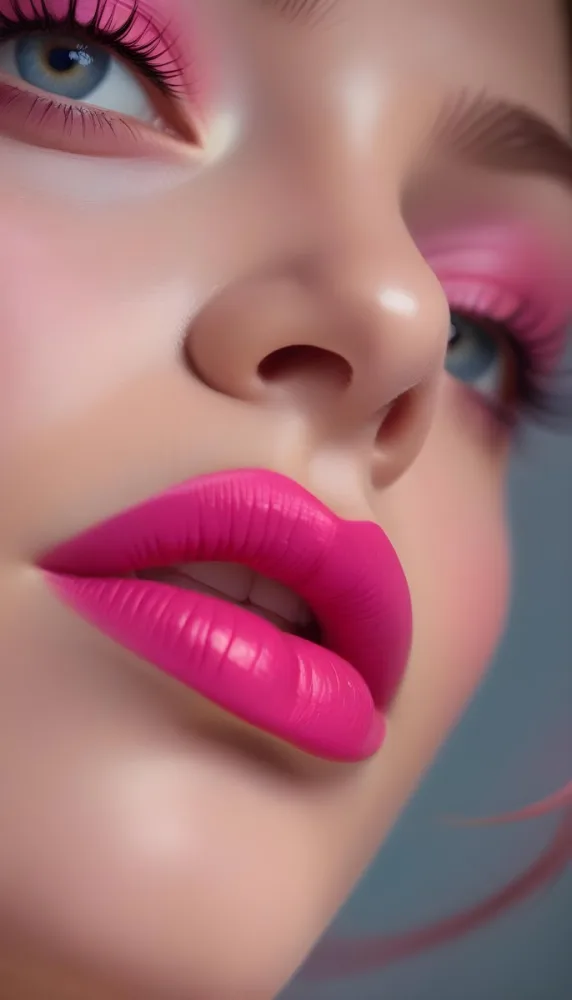 Close Up Of A Young Woman With Fair Skin And Glossy Pink Lips Her Eyes Are Accentuated With Bright Pink Eyeshadow And Her Eyelashes Are Long And Defined The Background Is Softly Blurred Focusing Attention On Her F 46 E7b6