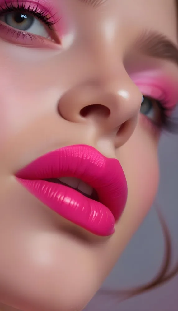 Close Up Of A Young Woman With Fair Skin And Glossy Pink Lips Her Eyes Are Accentuated With Bright Pink Eyeshadow And Her Eyelashes Are Long And Defined The Background Is Softly Blurred Focusing Attention On Her F 48 3dc2