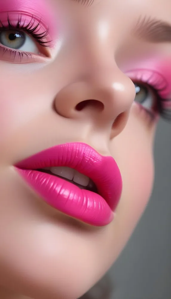 Close Up Of A Young Woman With Fair Skin And Glossy Pink Lips Her Eyes Are Accentuated With Bright Pink Eyeshadow And Her Eyelashes Are Long And Defined The Background Is Softly Blurred Focusing Attention On Her F 6 1707