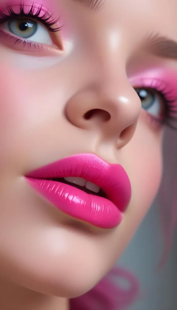 Close Up Of A Young Woman With Fair Skin And Glossy Pink Lips Her Eyes Are Accentuated With Bright Pink Eyeshadow And Her Eyelashes Are Long And Defined The Background Is Softly Blurred Focusing Attention On Her F 7 3961