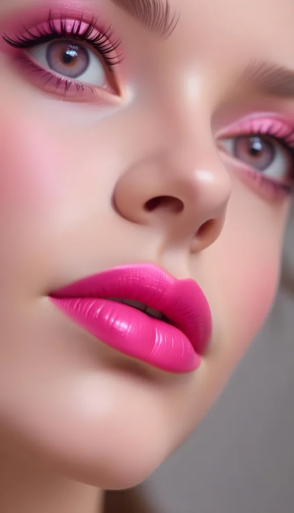 Close Up Of A Young Woman With Fair Skin And Glossy Pink Lips Her Eyes Are Accentuated With Bright Pink Eyeshadow And Her Eyelashes Are Long And Defined The Background Is Softly Blurred Focusing Attention On Her F 8 C598