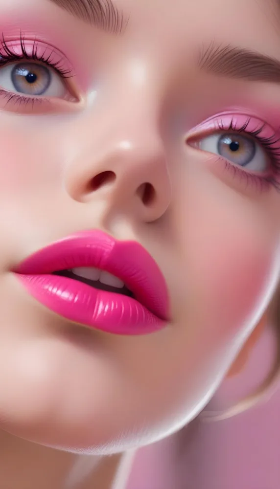 Close Up Of A Young Woman With Fair Skin And Glossy Pink Lips Her Eyes Are Accentuated With Bright Pink Eyeshadow And Her Eyelashes Are Long And Defined The Background Is Softly Blurred Focusing Attention On Her F 9 B8af