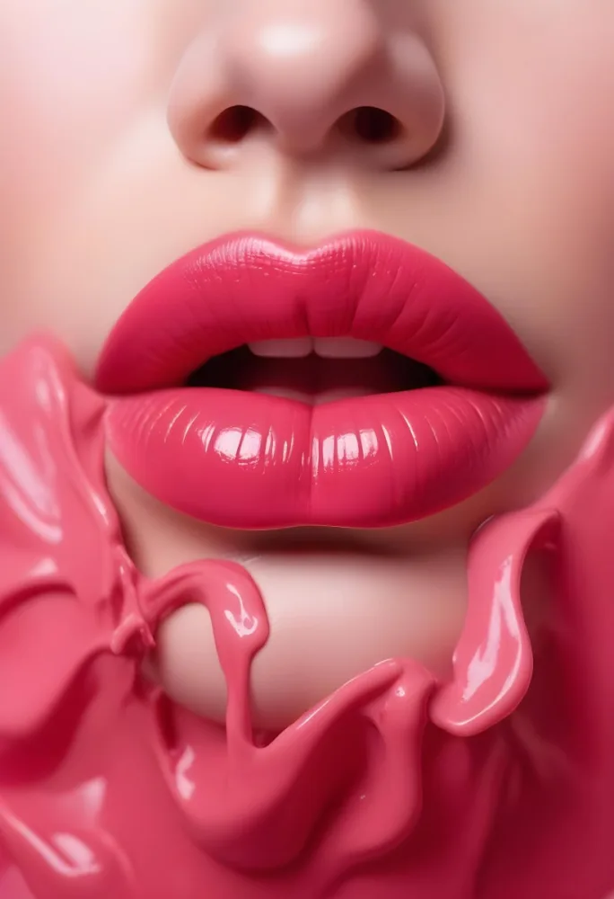 Close Up Of Full Glossy Lips Painted In A Vibrant Pink Color With A Small Gap Showing A Hint Of Teeth The Lips Are Surrounded By A Soft Flowing Pink Substance That Resembles Melted Wax Creating A Striking Contrast 13 F6a2