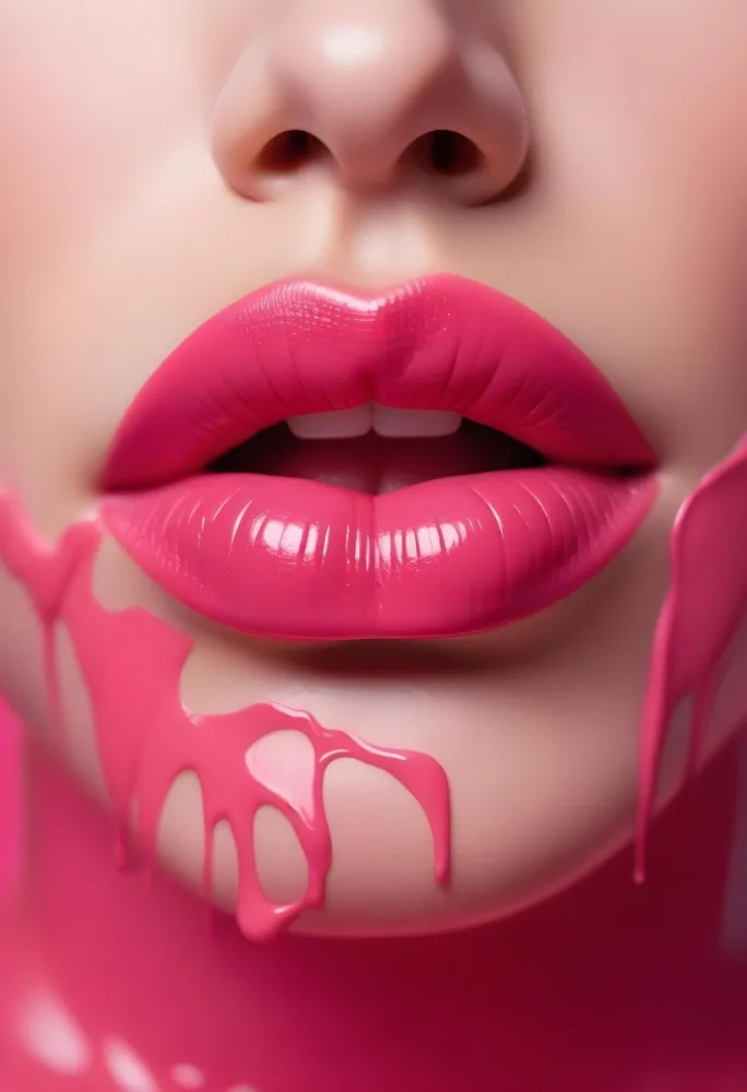 Close Up Of Full Glossy Lips Painted In A Vibrant Pink Color With A Small Gap Showing A Hint Of Teeth The Lips Are Surrounded By A Soft Flowing Pink Substance That Resembles Melted Wax Creating A Striking Contrast 14 65da