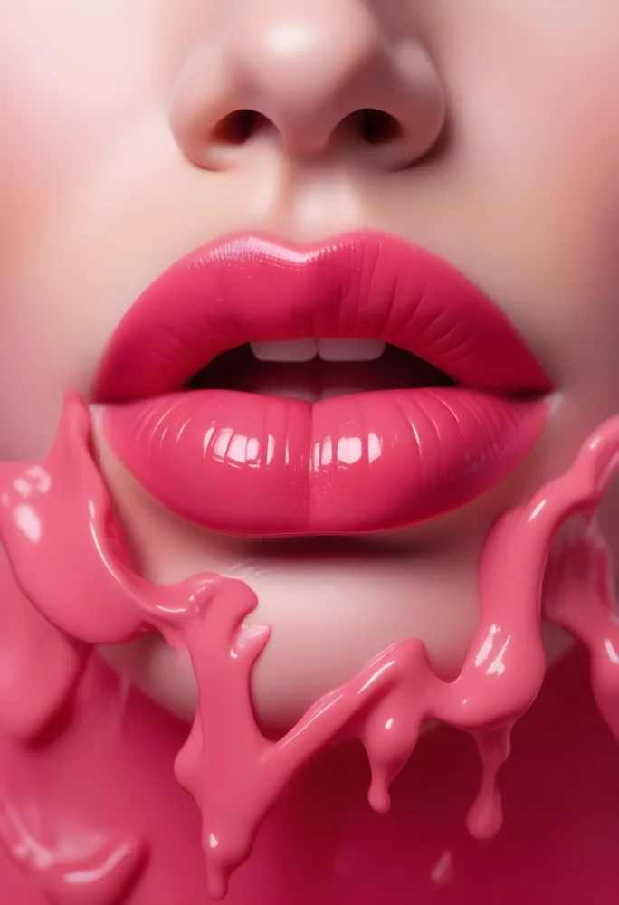 Close Up Of Full Glossy Lips Painted In A Vibrant Pink Color With A Small Gap Showing A Hint Of Teeth The Lips Are Surrounded By A Soft Flowing Pink Substance That Resembles Melted Wax Creating A Striking Contrast 16 7721
