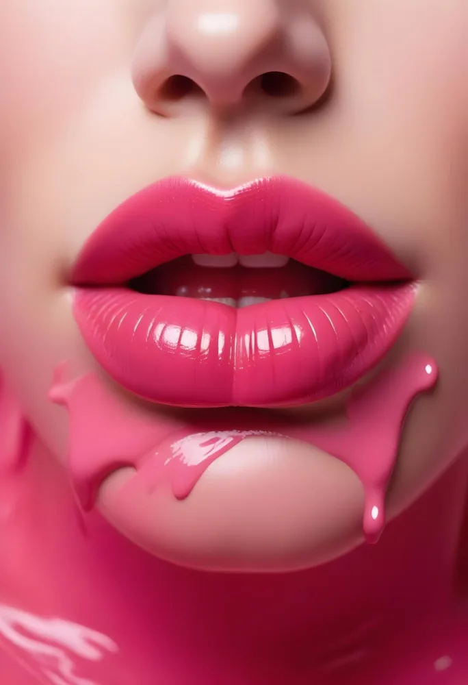 Close Up Of Full Glossy Lips Painted In A Vibrant Pink Color With A Small Gap Showing A Hint Of Teeth The Lips Are Surrounded By A Soft Flowing Pink Substance That Resembles Melted Wax Creating A Striking Contrast 21 7845
