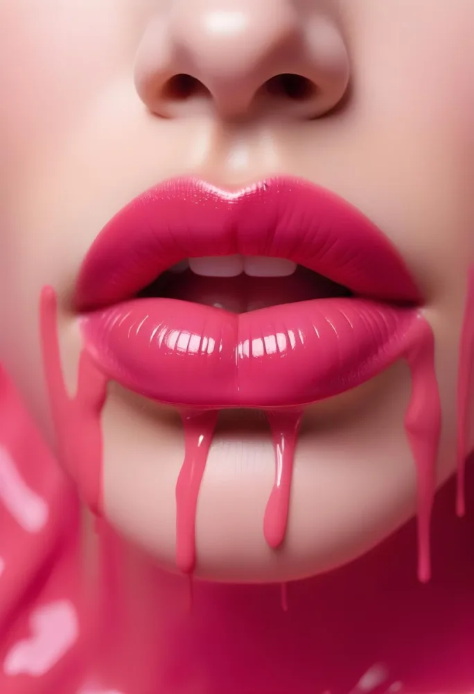 Close Up Of Full Glossy Lips Painted In A Vibrant Pink Color With A Small Gap Showing A Hint Of Teeth The Lips Are Surrounded By A Soft Flowing Pink Substance That Resembles Melted Wax Creating A Striking Contrast 23 C99c