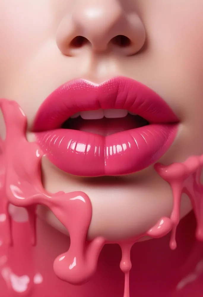 Close Up Of Full Glossy Lips Painted In A Vibrant Pink Color With A Small Gap Showing A Hint Of Teeth The Lips Are Surrounded By A Soft Flowing Pink Substance That Resembles Melted Wax Creating A Striking Contrast 25 Ac5c