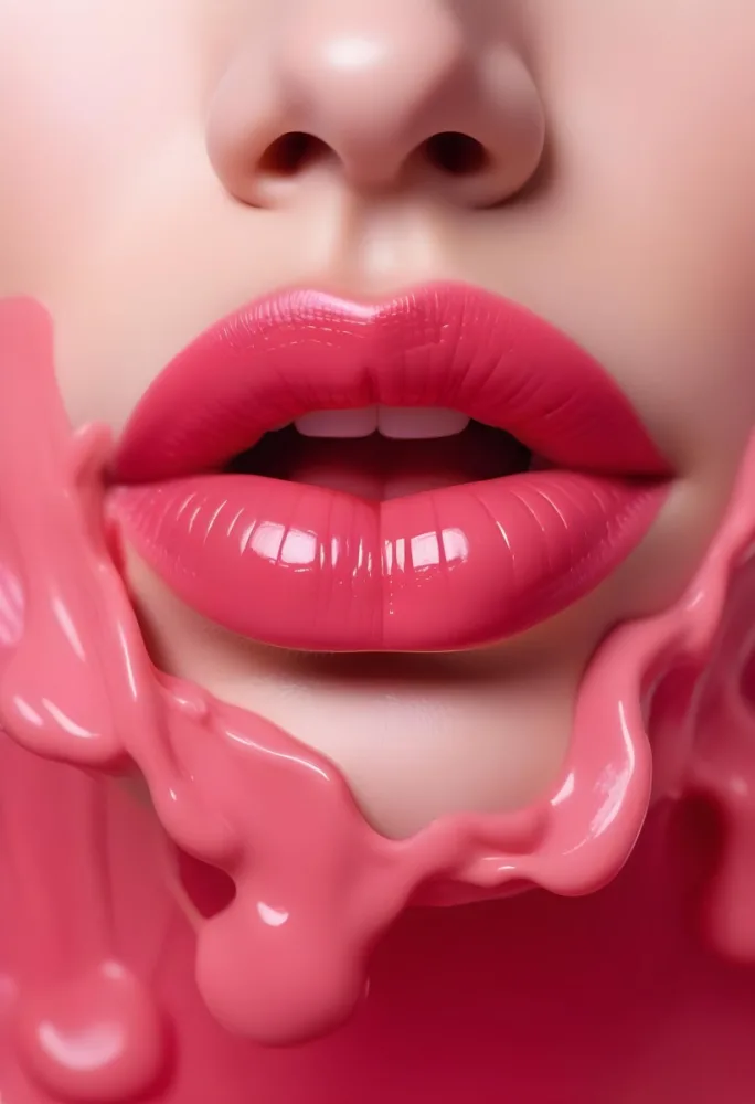Close Up Of Full Glossy Lips Painted In A Vibrant Pink Color With A Small Gap Showing A Hint Of Teeth The Lips Are Surrounded By A Soft Flowing Pink Substance That Resembles Melted Wax Creating A Striking Contrast 38 6006