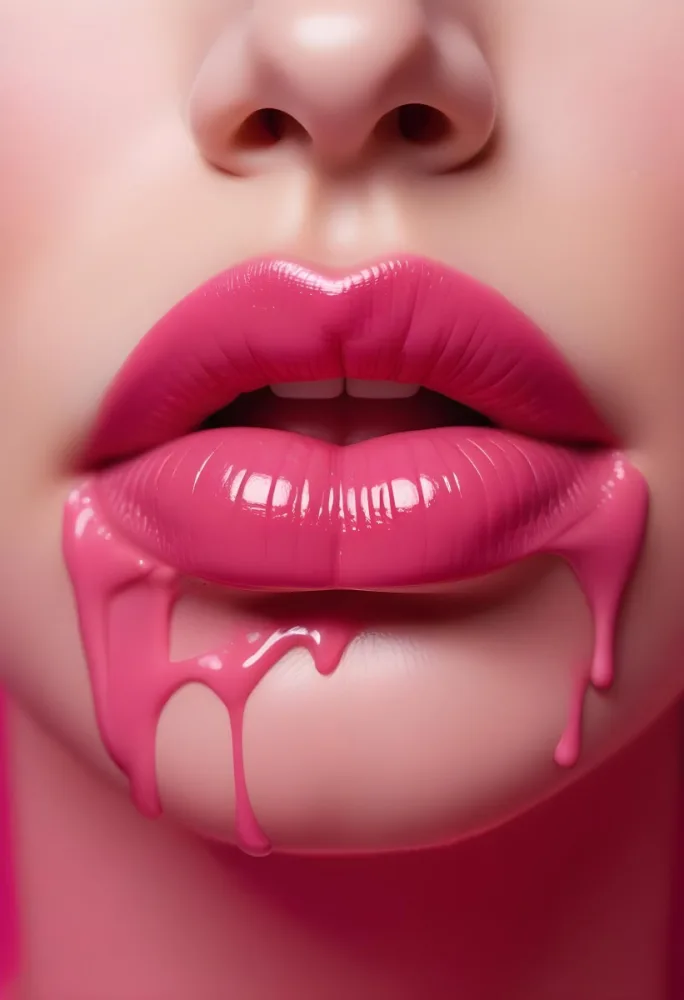 Close Up Of Full Glossy Lips Painted In A Vibrant Pink Color With A Small Gap Showing A Hint Of Teeth The Lips Are Surrounded By A Soft Flowing Pink Substance That Resembles Melted Wax Creating A Striking Contrast 5 F87f