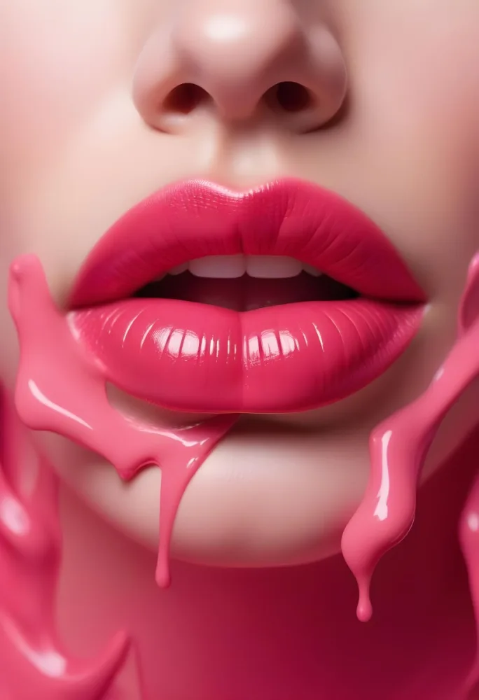 Close Up Of Full Glossy Lips Painted In A Vibrant Pink Color With A Small Gap Showing A Hint Of Teeth The Lips Are Surrounded By A Soft Flowing Pink Substance That Resembles Melted Wax Creating A Striking Contrast 6 A127