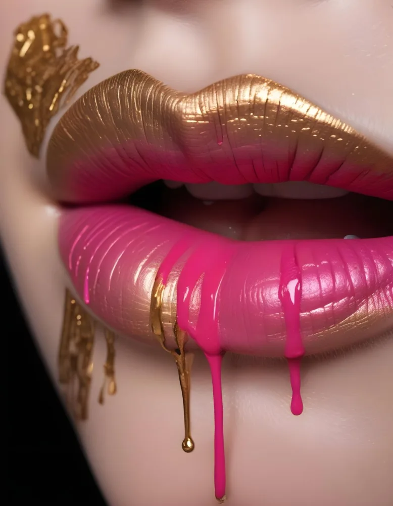 Close Up Of Lips Painted With Bold Pink And Metallic Gold Lipstick Featuring Drips And Streaks Of Color Set Against A Dark Background 6 Fdd0