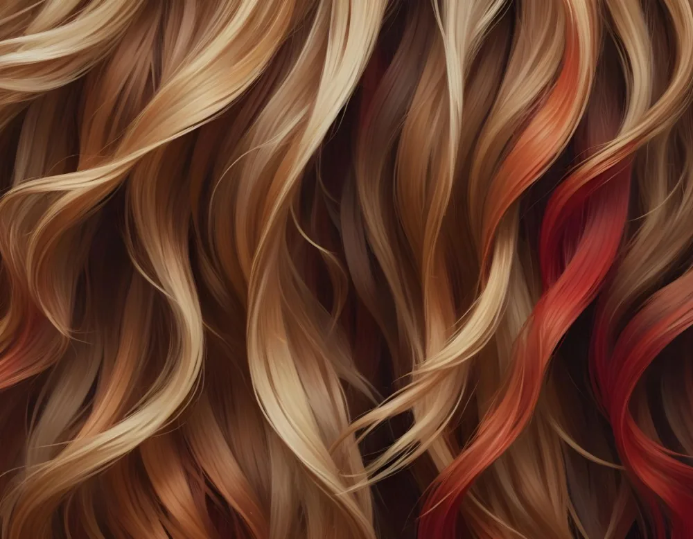 Close Up Of Wavy Hair With A Mix Of Brown Blonde And Red Tones Creating A Warm And Textured Appearance Studio Shot 15 24d7