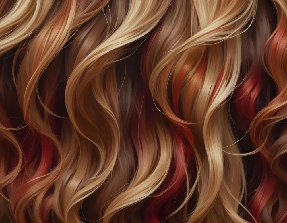 Close Up Of Wavy Hair With A Mix Of Brown Blonde And Red Tones Creating A Warm And Textured Appearance Studio Shot 7 353b
