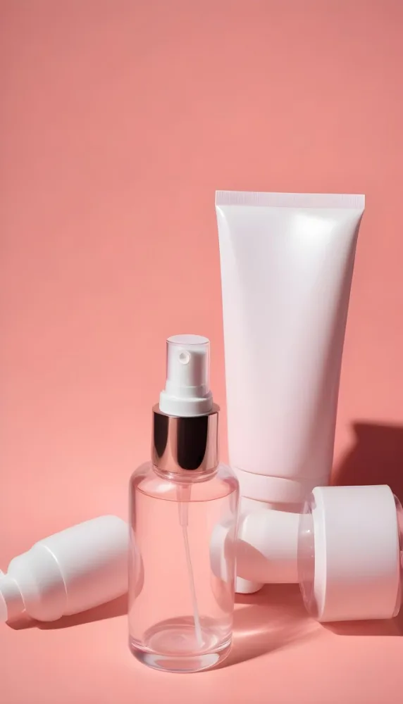 Cosmetic Bottles And Tubes Of Different Sizes And Shapes On A Pink Background Some Of Them Are White And Transparent 13 02a9