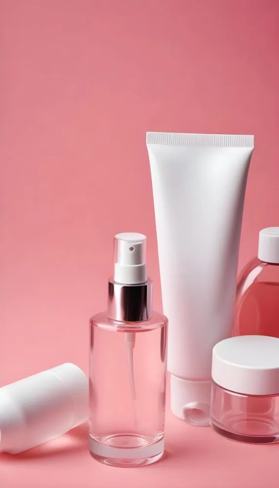 Cosmetic Bottles And Tubes Of Different Sizes And Shapes On A Pink Background Some Of Them Are White And Transparent 16 53ab