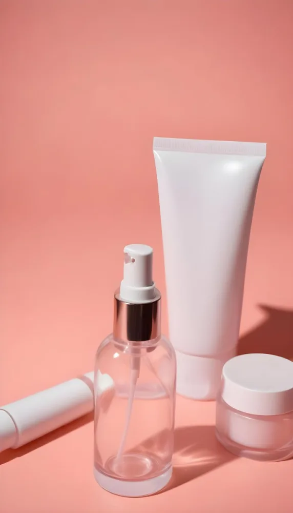 Cosmetic Bottles And Tubes Of Different Sizes And Shapes On A Pink Background Some Of Them Are White And Transparent 2 84a0