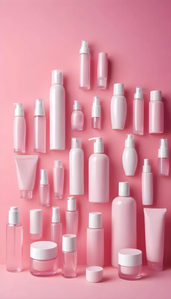 Cosmetic Bottles And Tubes Of Different Sizes And Shapes On A Pink Background Some Of Them Are White And Transparent 35 B8f1