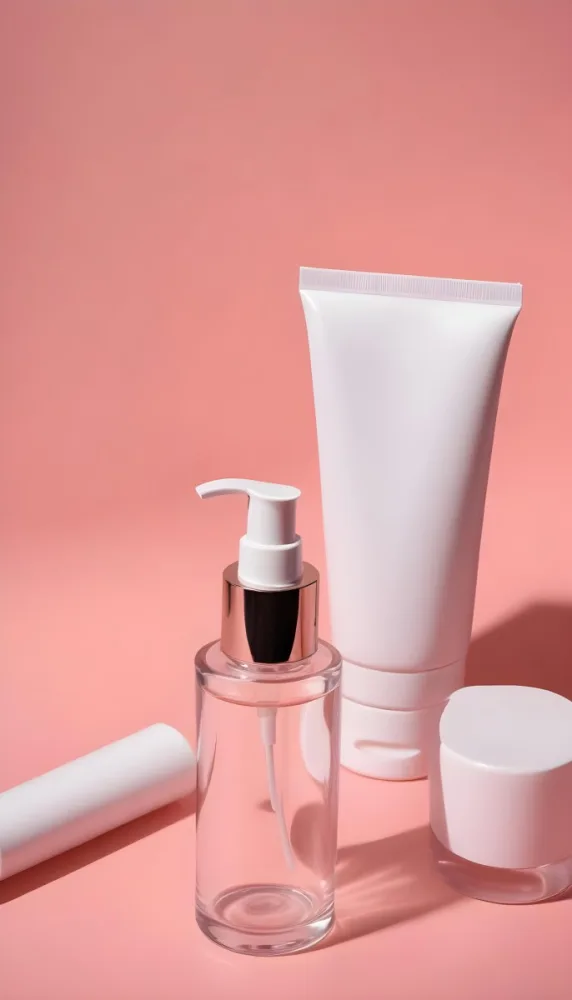 Cosmetic Bottles And Tubes Of Different Sizes And Shapes On A Pink Background Some Of Them Are White And Transparent 45 Ebde