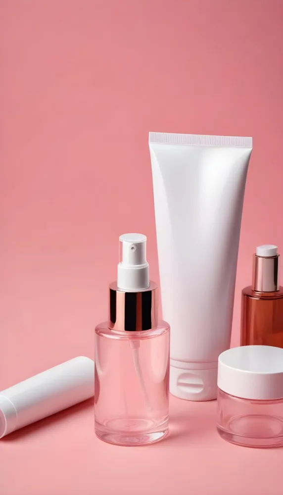 Cosmetic Bottles And Tubes Of Different Sizes And Shapes On A Pink Background Some Of Them Are White And Transparent 9 Bc53 E35d