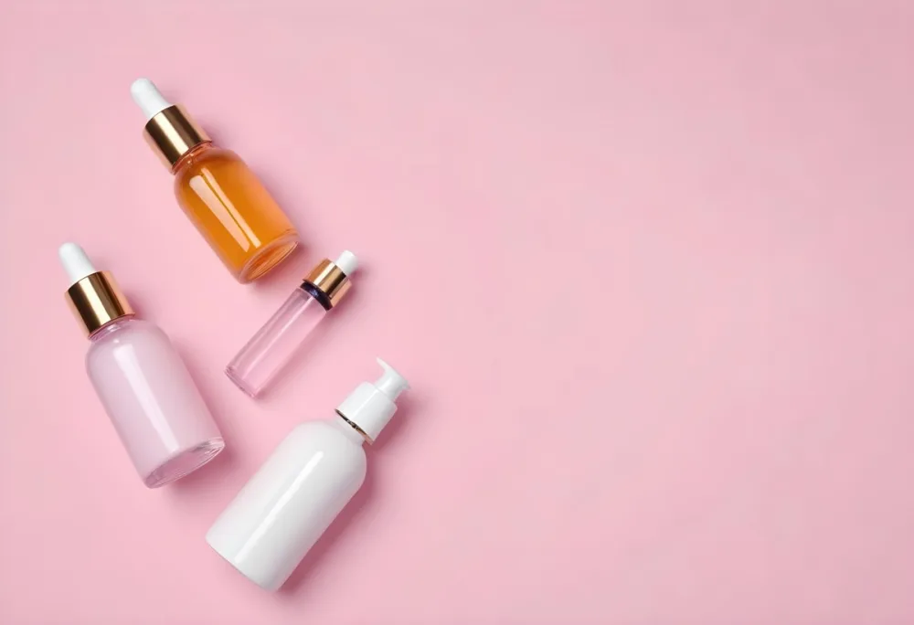 Cosmetic Bottles With Dropper And Dispenser On A Pink Background Top View Beauty Products Skincare Minimalist Style Copy Space 21 9937