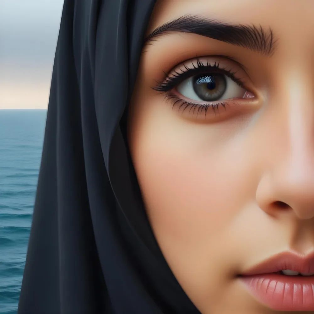 Dark And Mysterious A Young Middle Eastern Woman With Dark Hair And Dark Eyes Wearing A Black Hijab With A Single Tear Falling Down Her Cheek The Background Shows A Calm Ocean Scene Dark Shadows And Fog Blu 1 285e