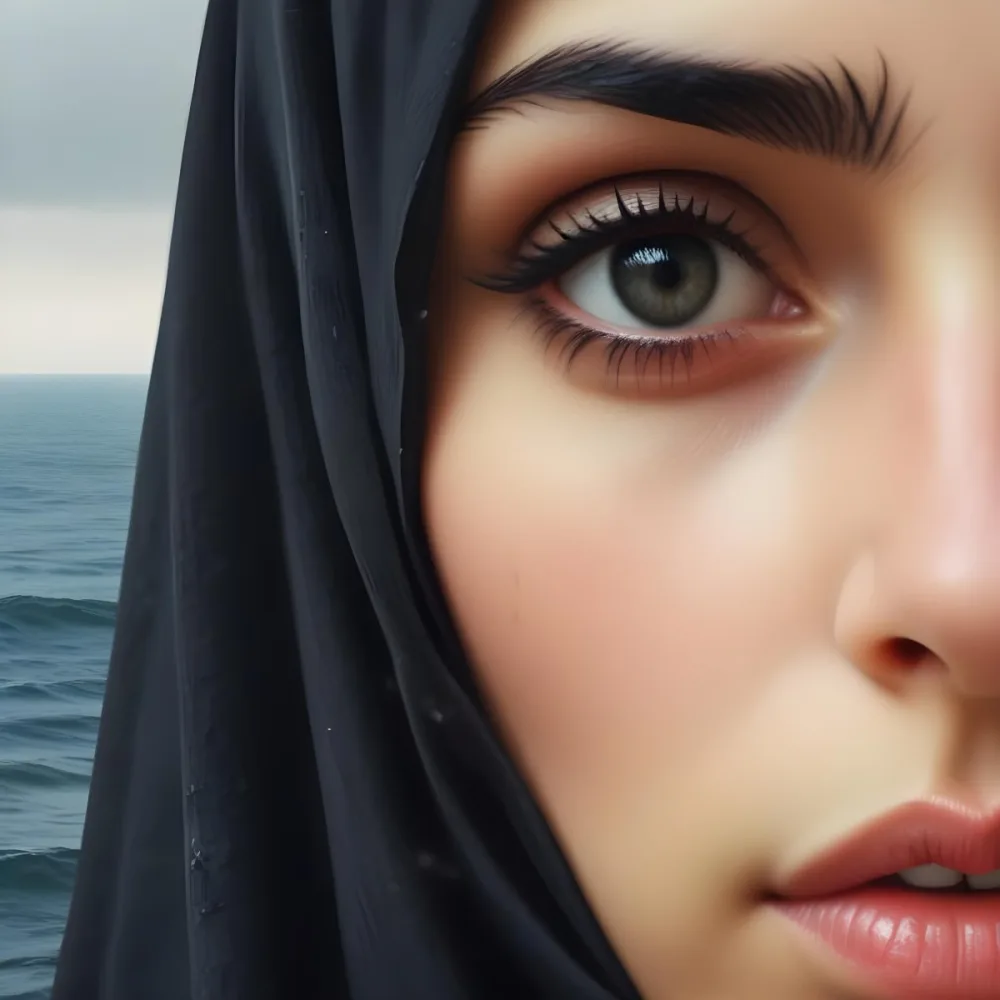 Dark And Mysterious A Young Middle Eastern Woman With Dark Hair And Dark Eyes Wearing A Black Hijab With A Single Tear Falling Down Her Cheek The Background Shows A Calm Ocean Scene Dark Shadows And Fog Blu 11 1bb0
