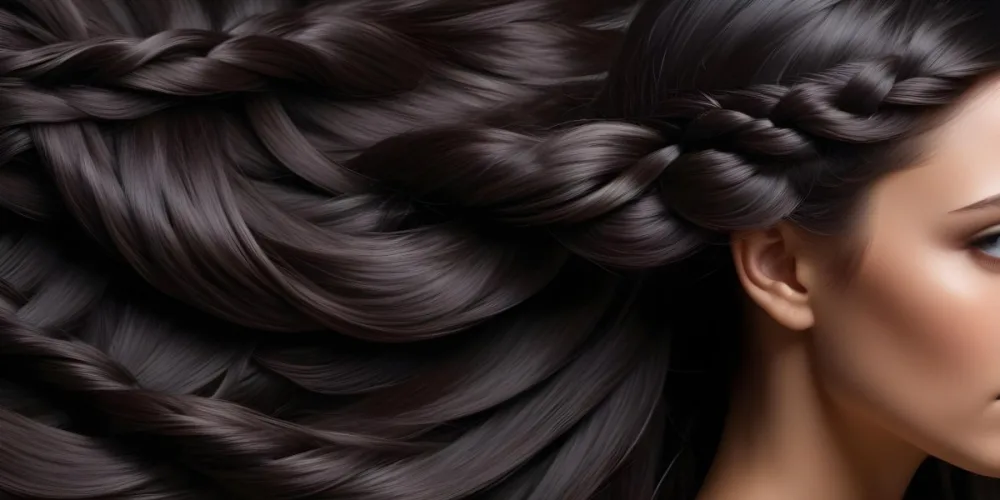 Dark Shiny Hair With Smooth Flowing Strands Showcasing Intricate Braiding And Texture With A Blurred Background 51 4a42