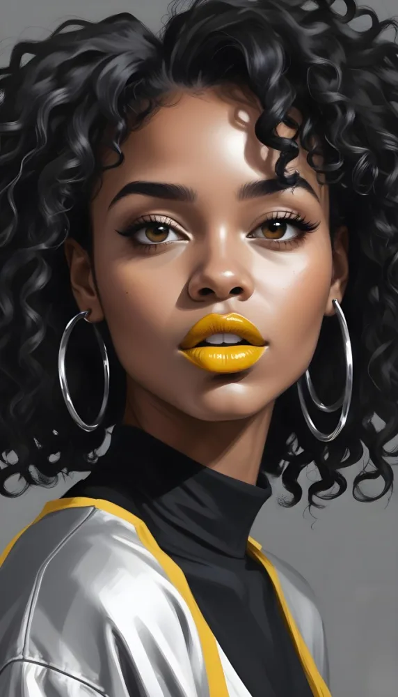Digital Painting A Black Woman 23 Years Old Curly Black Hair Yellow Lips Big Silver Hoops Yellow Top In A Grey Background Bold And Slim Lines Brush Strokes 11 24bf