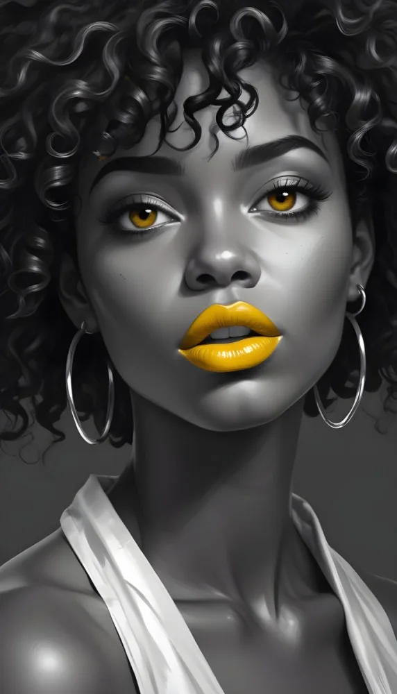 Digital Painting A Black Woman 23 Years Old Curly Black Hair Yellow Lips Big Silver Hoops Yellow Top In A Grey Background Bold And Slim Lines Brush Strokes 22 980e