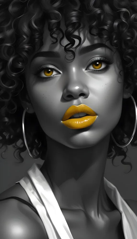 Digital Painting A Black Woman 23 Years Old Curly Black Hair Yellow Lips Big Silver Hoops Yellow Top In A Grey Background Bold And Slim Lines Brush Strokes 23 36dd