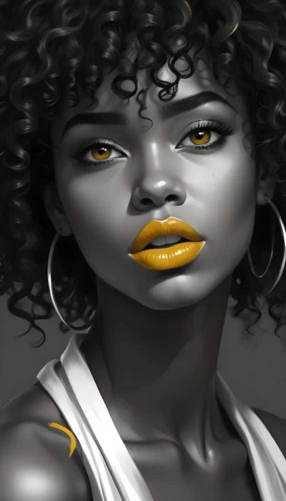 Digital Painting A Black Woman 23 Years Old Curly Black Hair Yellow Lips Big Silver Hoops Yellow Top In A Grey Background Bold And Slim Lines Brush Strokes 3 B8c0