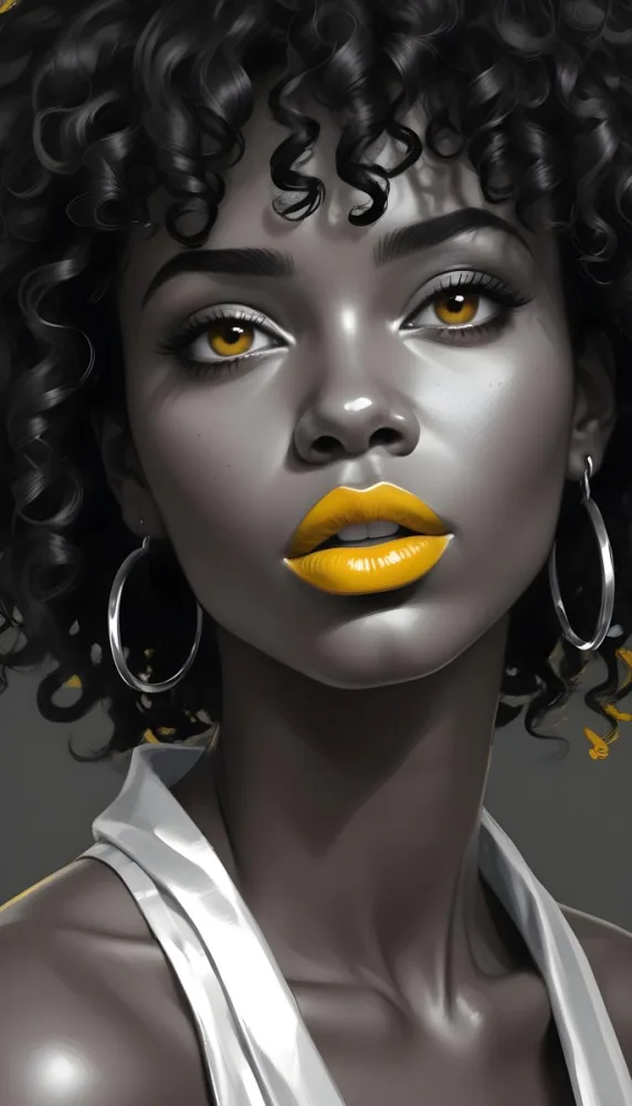 Digital Painting A Black Woman 23 Years Old Curly Black Hair Yellow Lips Big Silver Hoops Yellow Top In A Grey Background Bold And Slim Lines Brush Strokes 30 6e1f