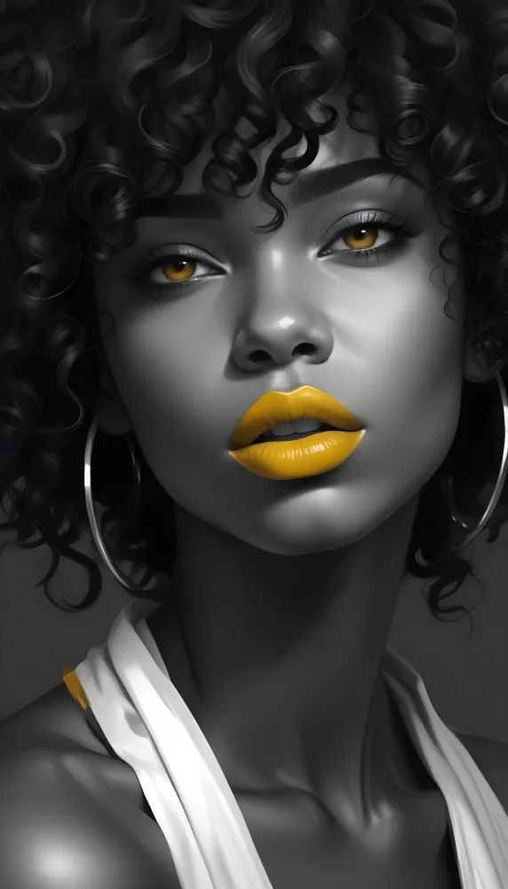 Digital Painting A Black Woman 23 Years Old Curly Black Hair Yellow Lips Big Silver Hoops Yellow Top In A Grey Background Bold And Slim Lines Brush Strokes 35 B553