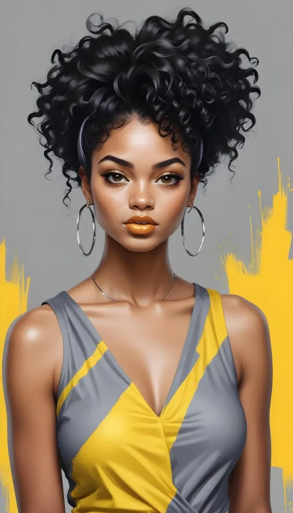 Digital Painting A Black Woman 23 Years Old Curly Black Hair Yellow Lips Big Silver Hoops Yellow Top In A Grey Background Bold And Slim Lines Brush Strokes 38 Bbb1